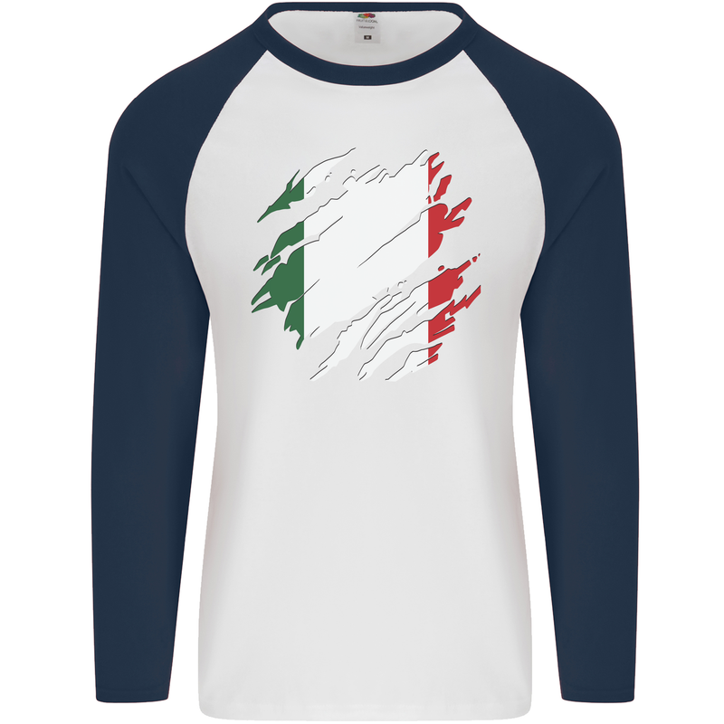 Torn Italy Flag Italians Day Football Mens L/S Baseball T-Shirt White/Navy Blue