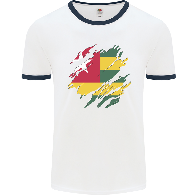 Torn Togo Flag Togolese Day Football Mens Ringer T-Shirt White/Navy Blue