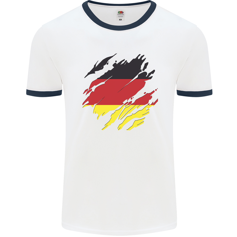 Torn Germany Flag German Day Football Mens Ringer T-Shirt White/Navy Blue