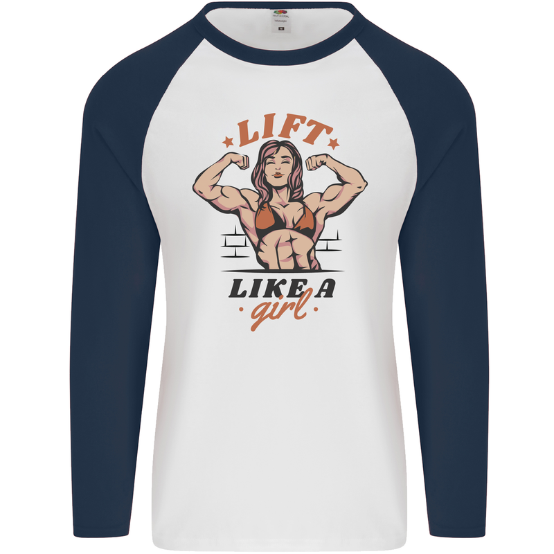 Lift Like a Girl Female Bodybuilding Mens L/S Baseball T-Shirt White/Navy Blue