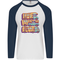 RV Live What You Love Motorhome Caravan Mens L/S Baseball T-Shirt White/Navy Blue