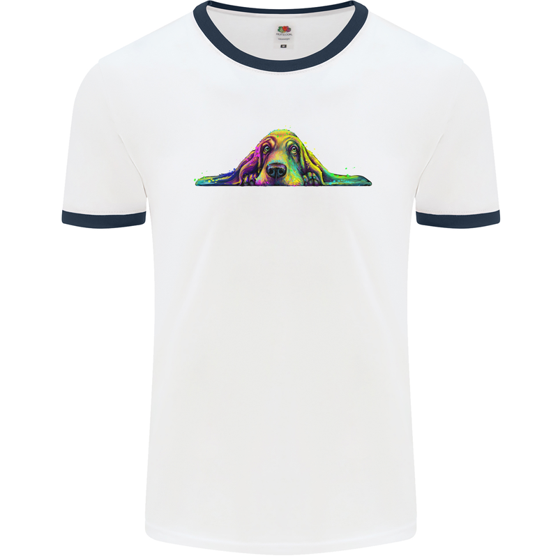 A Colourful Basset Hound Dog Mens Ringer T-Shirt White/Navy Blue