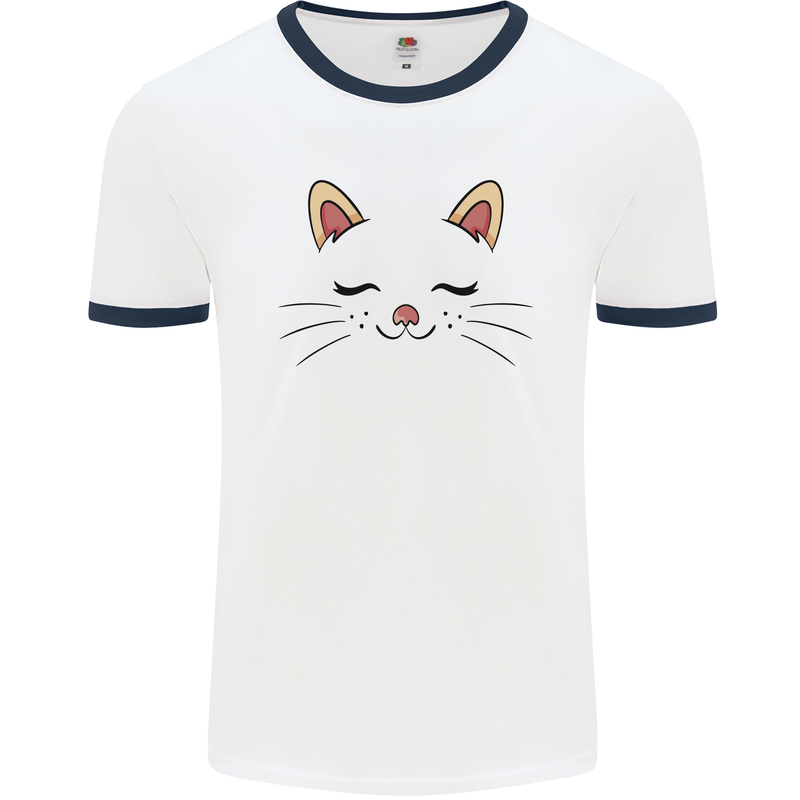 Cute Cat Face Mens Ringer T-Shirt White/Navy Blue