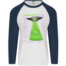 Alien Abducted Cow UFO Farmer Farming Mens L/S Baseball T-Shirt White/Navy Blue