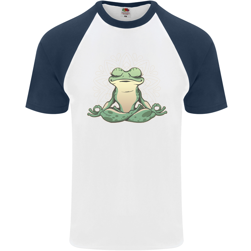 Yoga Frog Meditation Mens S/S Baseball T-Shirt White/Navy Blue