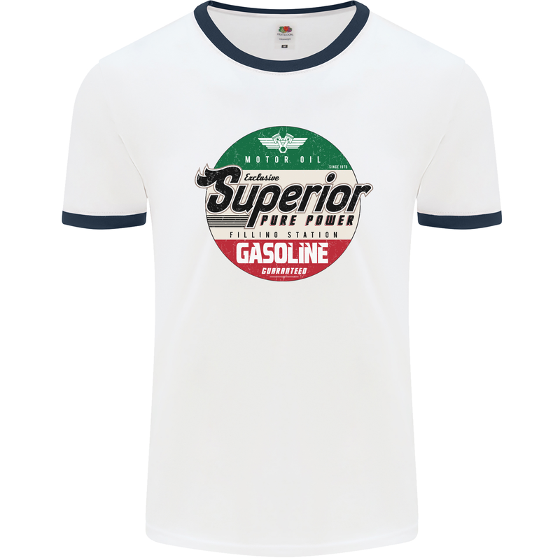 Superior Gasoline Biker Motorcycle Motorbike Mens Ringer T-Shirt White/Navy Blue