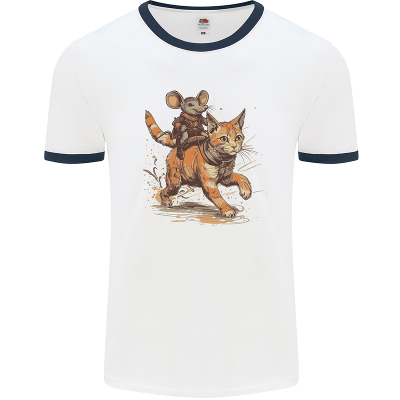 Cat and Mouse Winter Fun Mens Ringer T-Shirt White/Navy Blue