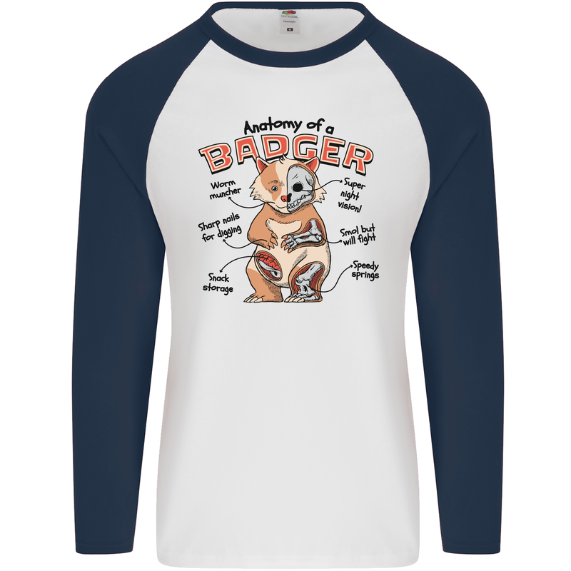 Anatomy of a Badger Funny Mens L/S Baseball T-Shirt White/Navy Blue