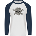 Mechanic Engine Skull Mens L/S Baseball T-Shirt White/Navy Blue