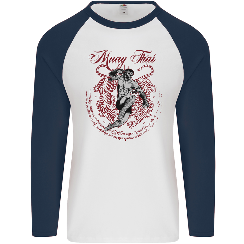 Muay Thai Tiger Warrior MMA Martial Arts Mens L/S Baseball T-Shirt White/Navy Blue