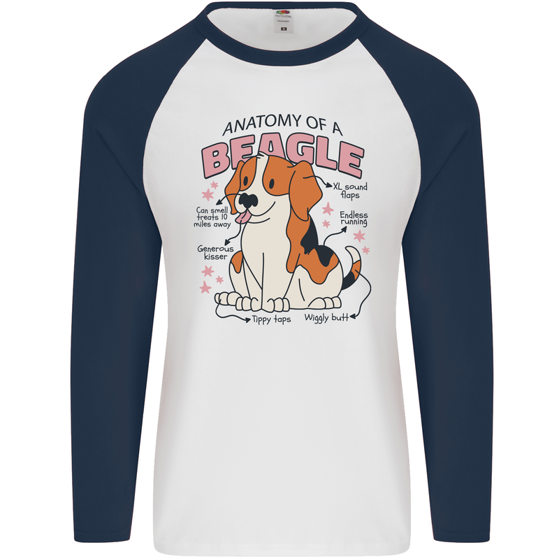 Beagle Anatomy Funny Dog Mens L/S Baseball T-Shirt White/Navy Blue