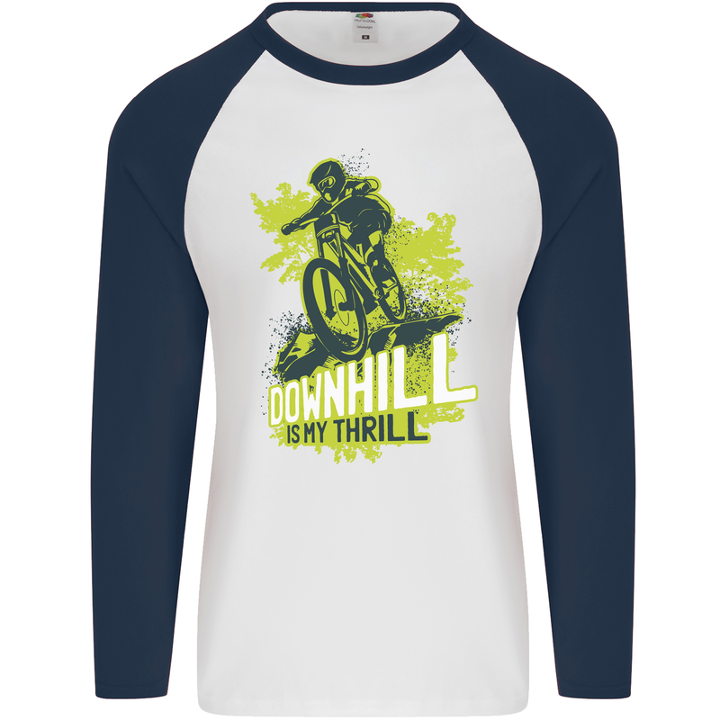 Downhill Mountain Biking My Thrill Cycling Mens L/S Baseball T-Shirt White/Navy Blue