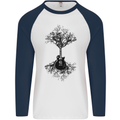 Electric Guitar Tree & Roots Guitarist Mens L/S Baseball T-Shirt White/Navy Blue