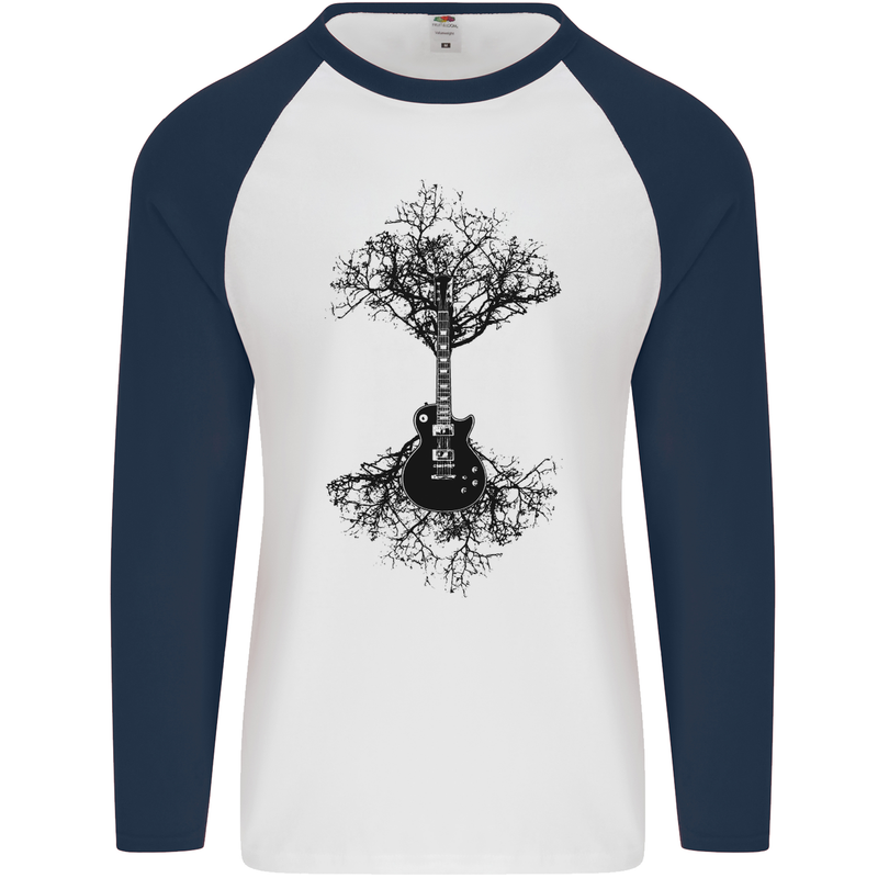 Electric Guitar Tree & Roots Guitarist Mens L/S Baseball T-Shirt White/Navy Blue