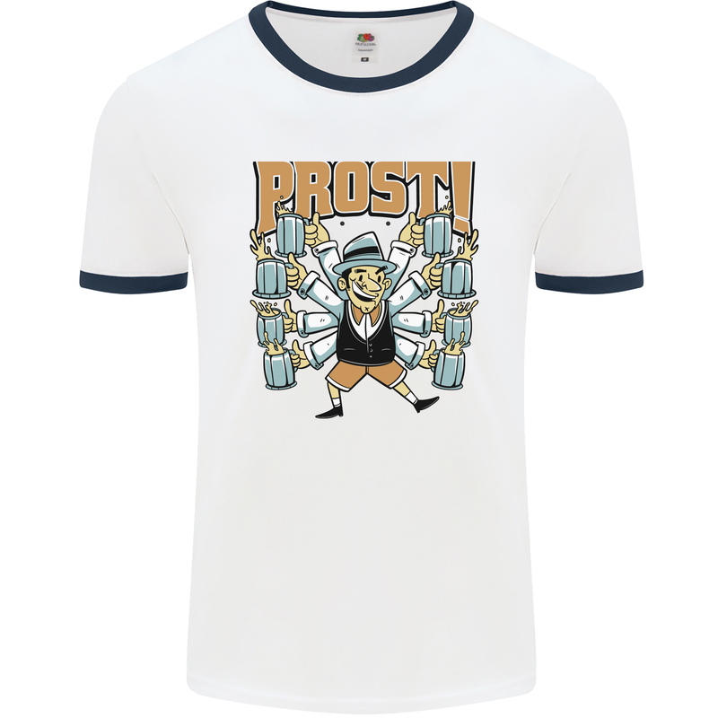 Prost German Oktoberfest Beer Mens Ringer T-Shirt White/Navy Blue