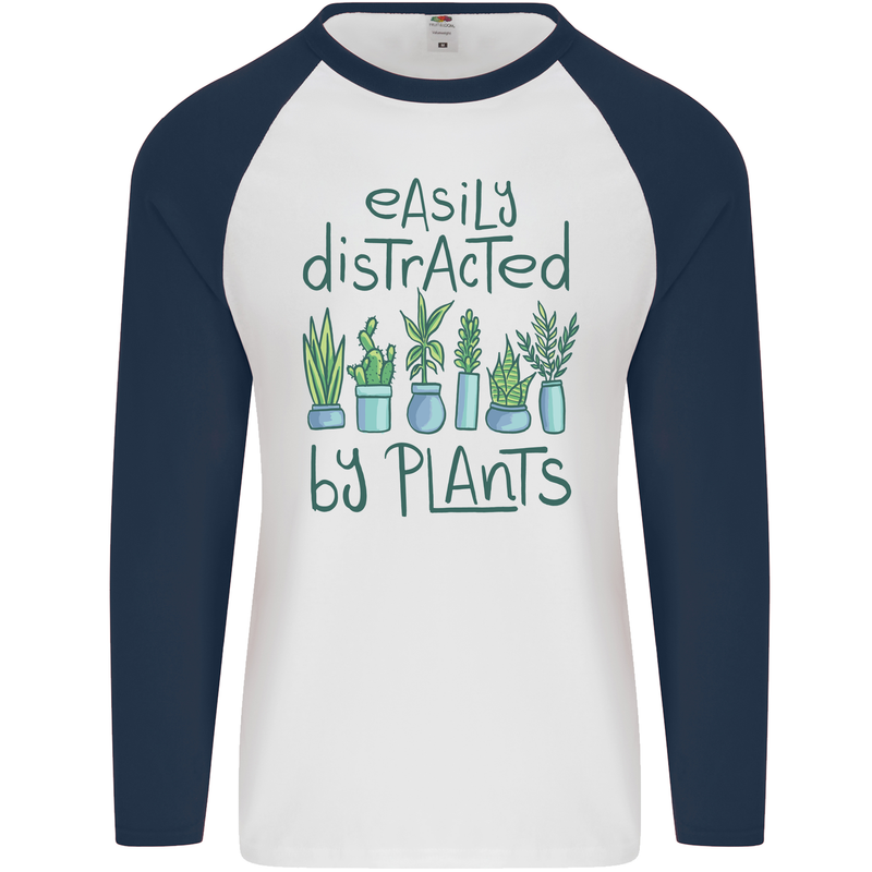 Easily Distracted by Plants Botanist Funny Mens L/S Baseball T-Shirt White/Navy Blue