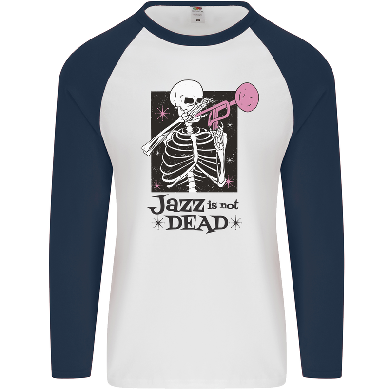 Jazz is Not Dead Skeleton Mens L/S Baseball T-Shirt White/Navy Blue