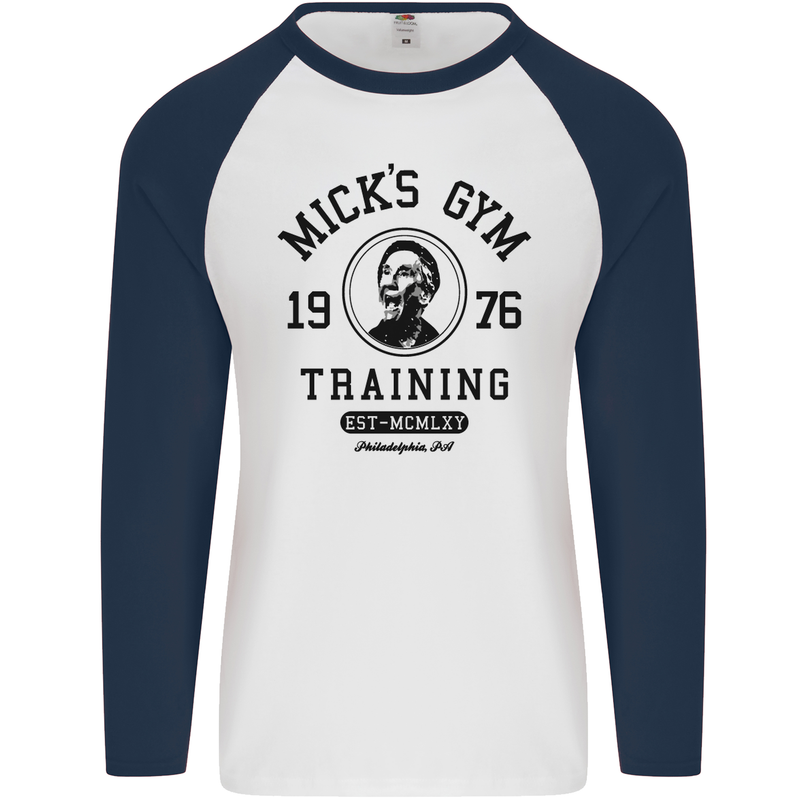 Micks Gym Training Boxing Boxer Box Mens L/S Baseball T-Shirt White/Navy Blue