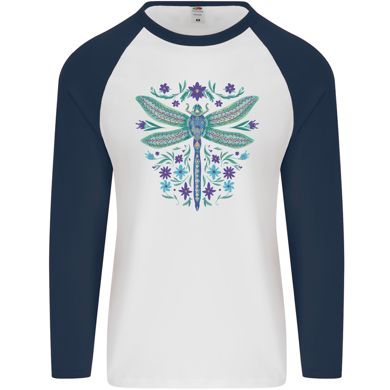 A Floral Dragonfly Mens L/S Baseball T-Shirt White/Navy Blue