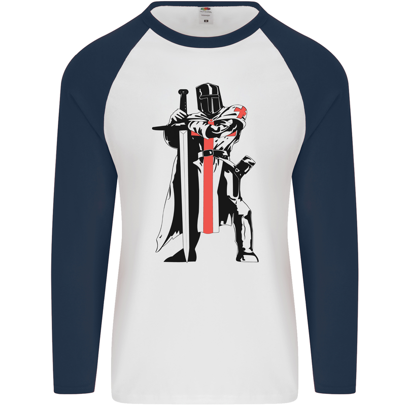 Knights Templar With Broad Sword Mens L/S Baseball T-Shirt White/Navy Blue