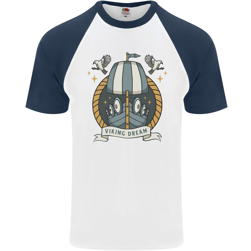 Viking Dream Ship Mens S/S Baseball T-Shirt White/Navy Blue