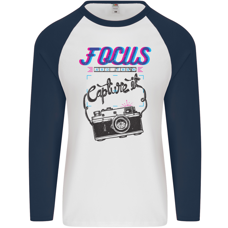 Focus and Then Capture It Photography Mens L/S Baseball T-Shirt White/Navy Blue