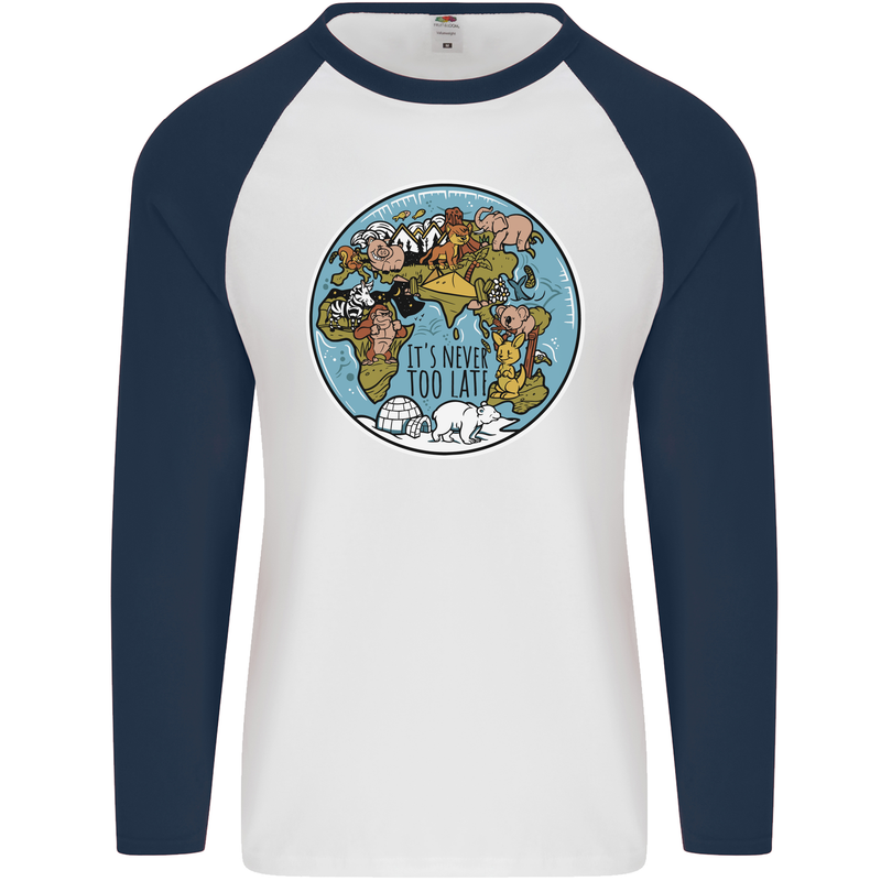 It's Never Too Late Climate Change Mens L/S Baseball T-Shirt White/Navy Blue
