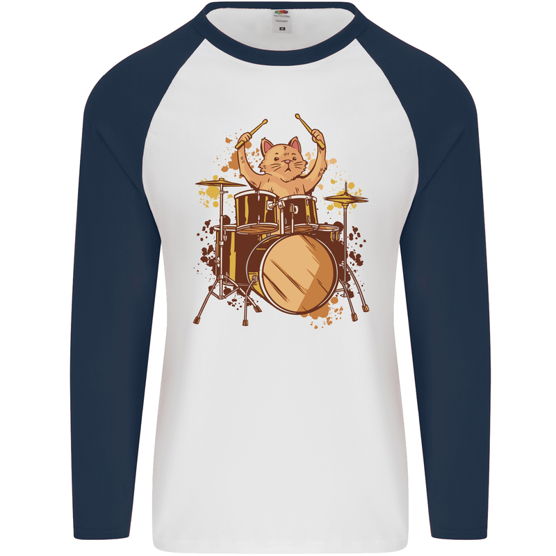 A Cat Drummer Drumming Mens L/S Baseball T-Shirt White/Navy Blue