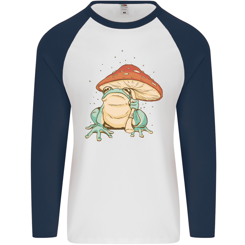 A Frog Under a Toadstool Umbrella Toad Mens L/S Baseball T-Shirt White/Navy Blue