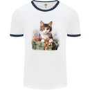 A Cute Cat With a Present Christmas Xmas Mens Ringer T-Shirt White/Navy Blue