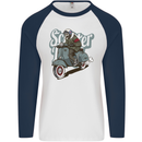 Scooter Skull Motorcycle MOD Biker Mens L/S Baseball T-Shirt White/Navy Blue