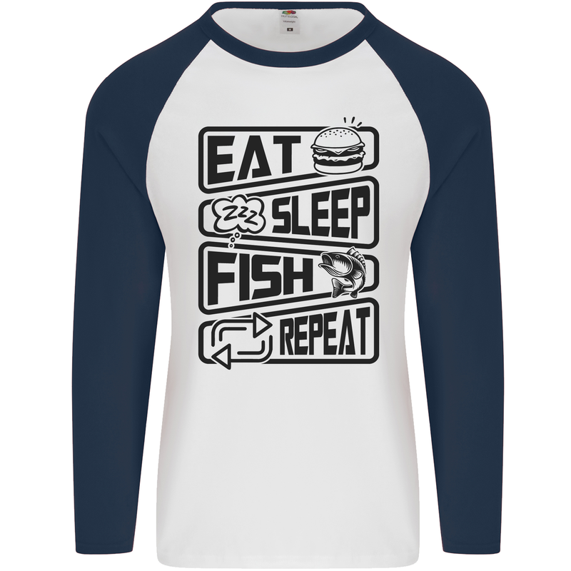 Eat Sleep Fish Repeat Funny Fishing Mens L/S Baseball T-Shirt White/Navy Blue