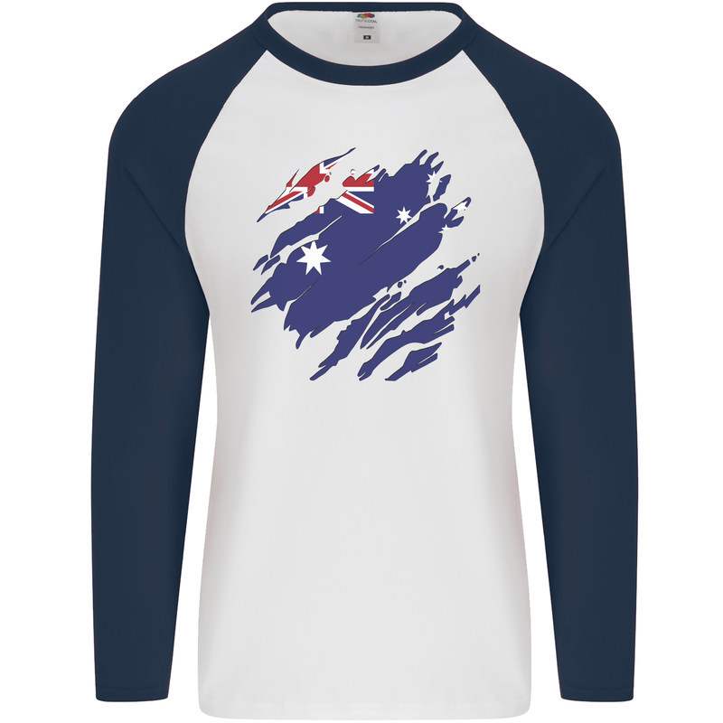 Torn Australia Flag Australian Day Football Mens L/S Baseball T-Shirt White/Navy Blue