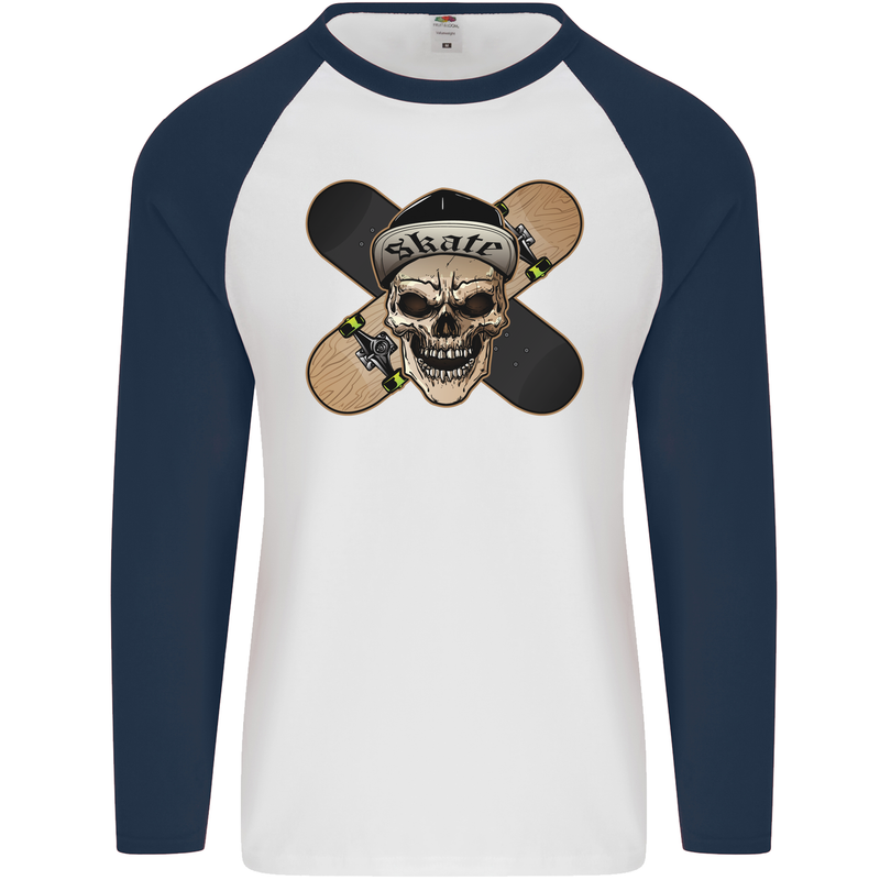 Skateboard Skull Skateboarding Mens L/S Baseball T-Shirt White/Navy Blue