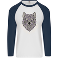 Mandala Wolf Mens L/S Baseball T-Shirt White/Navy Blue