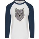 Mandala Wolf Mens L/S Baseball T-Shirt White/Navy Blue