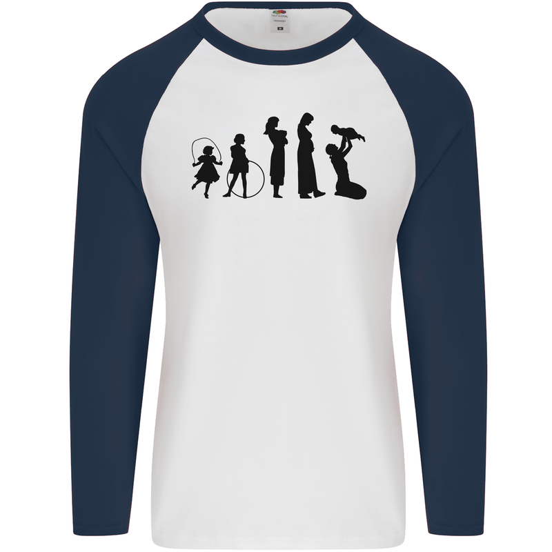 Funny Child to Mother Evolution Mothers Day Mens L/S Baseball T-Shirt White/Navy Blue