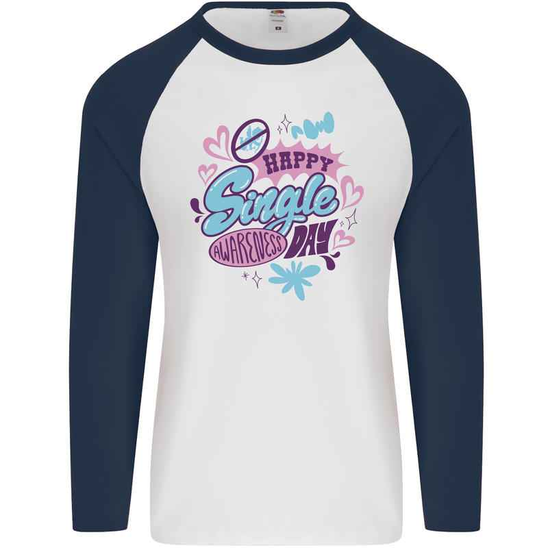 Happy Single Day Anti Valentines Romance Mens L/S Baseball T-Shirt White/Navy Blue