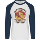 Furball Batter Funny Cat Baseball Humour Mens L/S Baseball T-Shirt White/Navy Blue