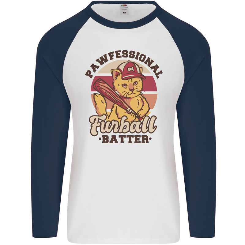 Furball Batter Funny Cat Baseball Humour Mens L/S Baseball T-Shirt White/Navy Blue