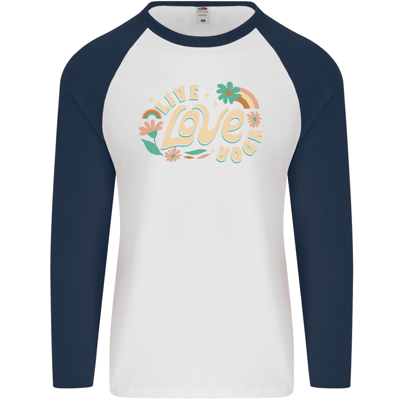 Live Love Yoga Mens L/S Baseball T-Shirt White/Navy Blue