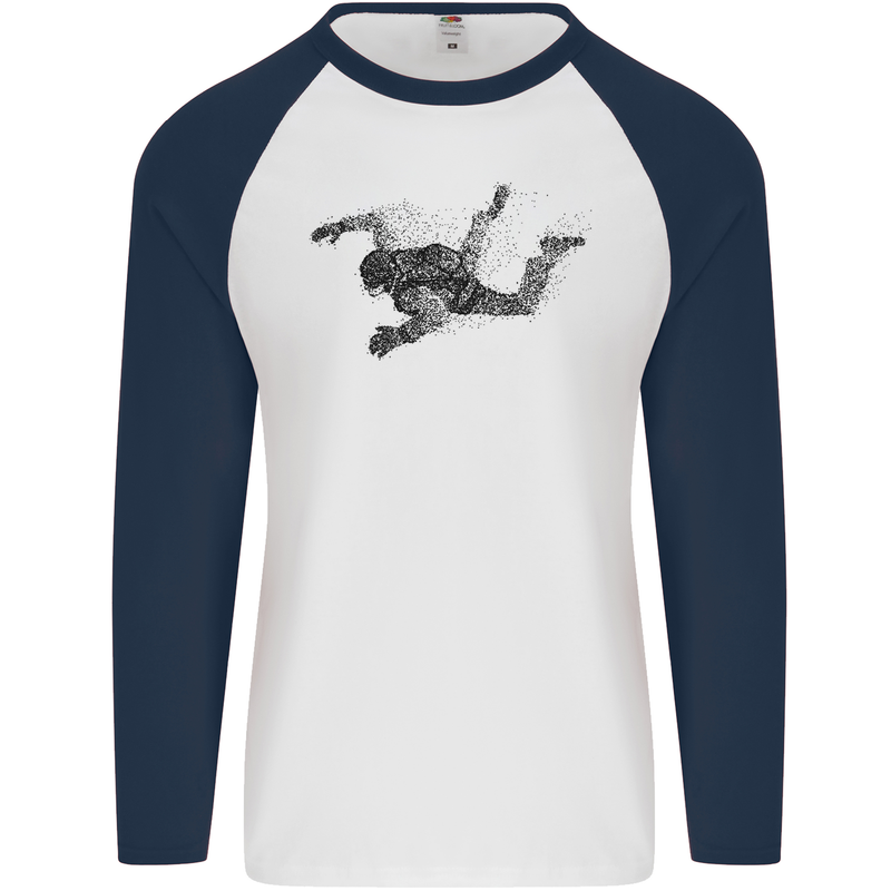 Abstract Parachutist Freefall Skydiving Mens L/S Baseball T-Shirt White/Navy Blue