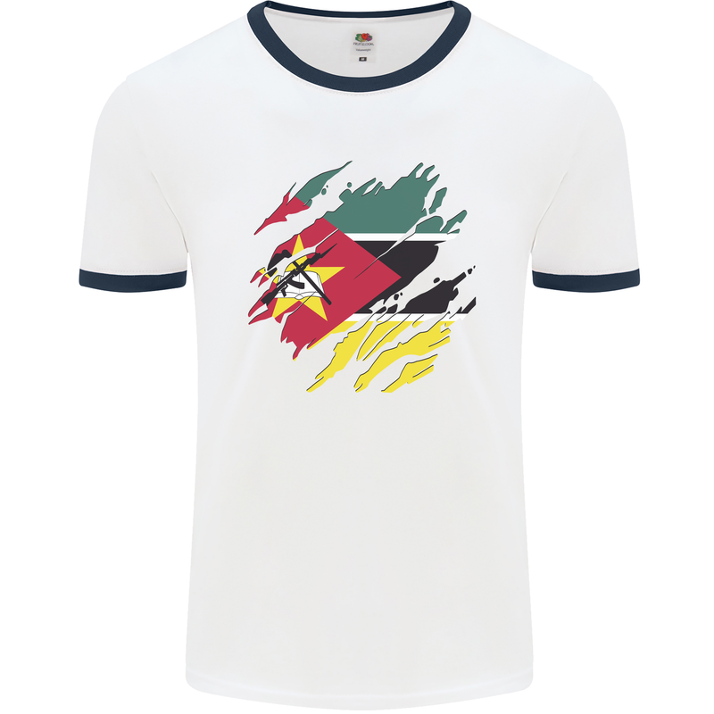 Torn Mozambique Flag Mozambican Day Football Mens Ringer T-Shirt White/Navy Blue