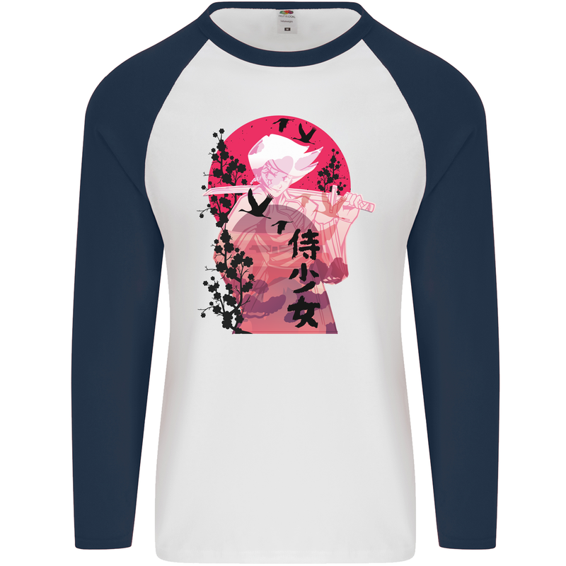 Anime Samurai Woman With Sword Mens L/S Baseball T-Shirt White/Navy Blue