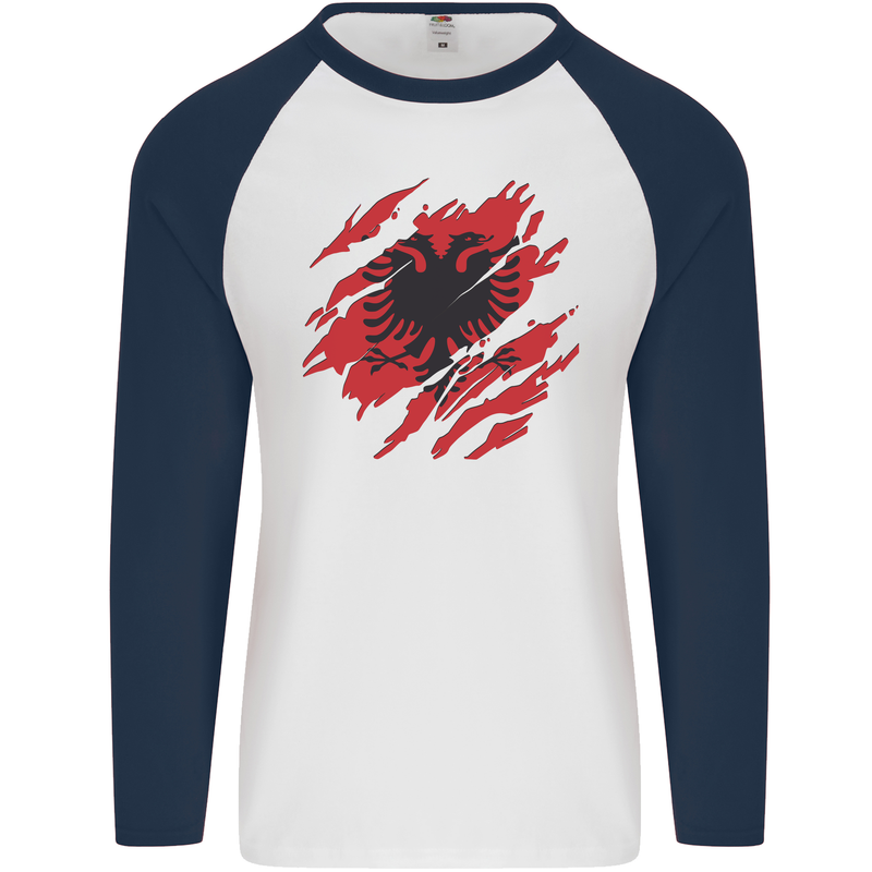 Torn Albania Flag Albanian Day Football Mens L/S Baseball T-Shirt White/Navy Blue