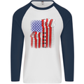 USA Guitar Flag Guitarist Electric Acoustic Mens L/S Baseball T-Shirt White/Navy Blue