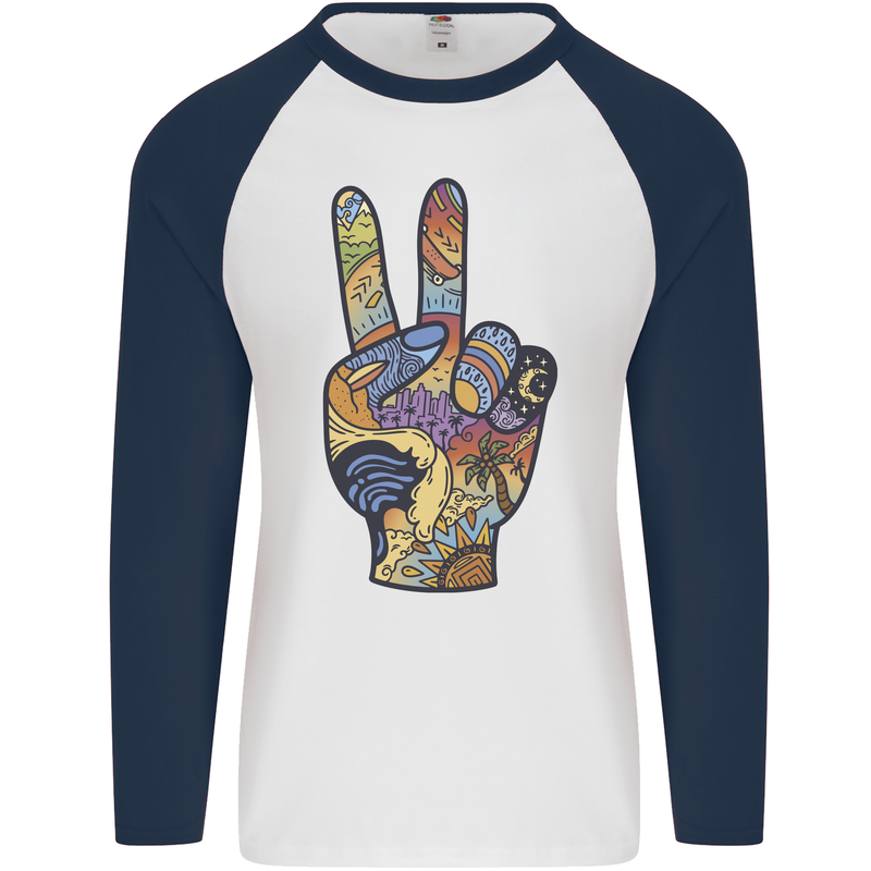 Vacation Peace Gesture Holiday Travel Mens L/S Baseball T-Shirt White/Navy Blue
