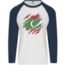 Torn Maldives Flag Maldivian Day Football Mens L/S Baseball T-Shirt White/Navy Blue