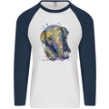 Elephant Hand Drawn Watercolour Mens L/S Baseball T-Shirt White/Navy Blue