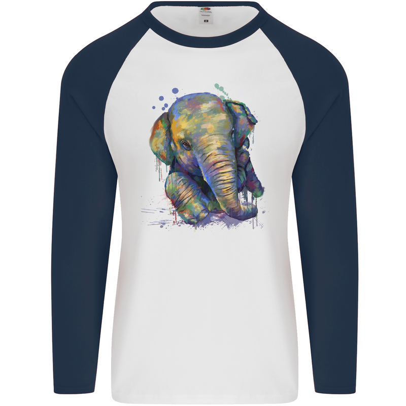 Elephant Hand Drawn Watercolour Mens L/S Baseball T-Shirt White/Navy Blue